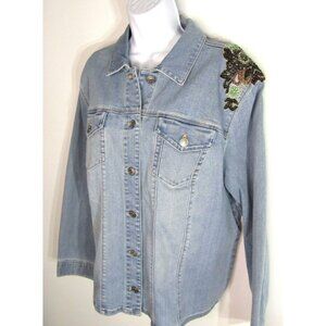 Chicos Embellished Floral Beads/Sequins Denim Jacket Size 4(20-22)